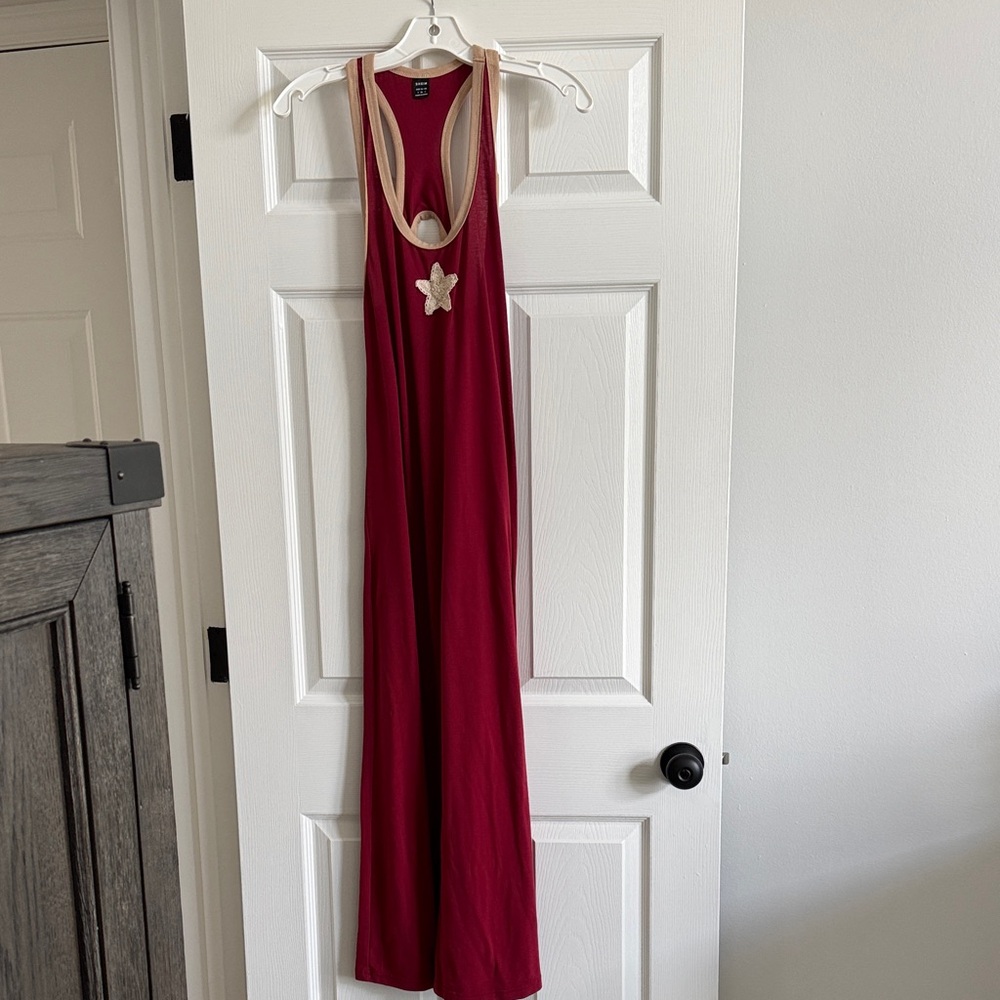SHEIN Burgundy Backless Dress with Cream Trim